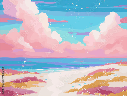 パステルカラーの海辺風景　青空と雲の美しいビーチ背景イラスト