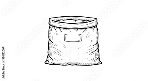 Open burlap sack filled with granular material, isolated on white background, hand-drawn sketch