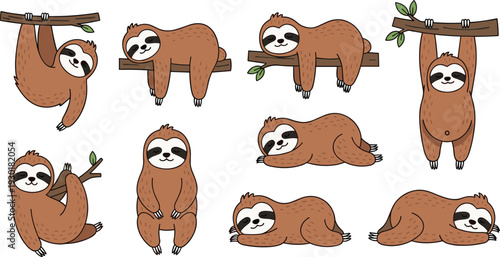 Cute Sloth Character Vector Set Featuring Sleepy Animals Hanging on Branches, Relaxing, and Napping for Kawaii Stickers, Children’s Room Decor, and Mindfulness Designs