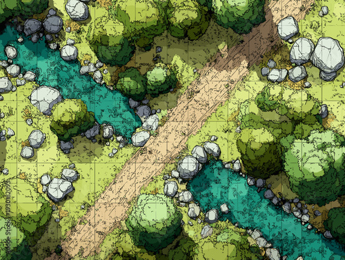 上空から見た森の小川と土の道　水彩風の自然マップ背景イラスト