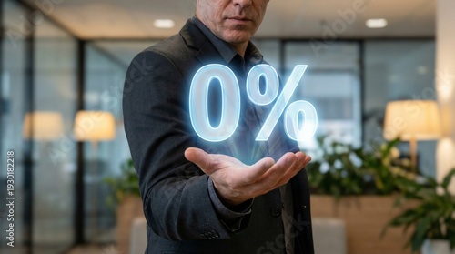 Professional businessman demonstrating zero percent interest rate with glowing holographic effect in modern corporate office, innovative financial concept, futuristic business technology
