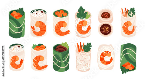 Vietnamese Spring Rolls and Steamed Buns Isometric Illustration Set, Healthy Asian Food Gỏi Cuốn and Dim Sum Vector Elements