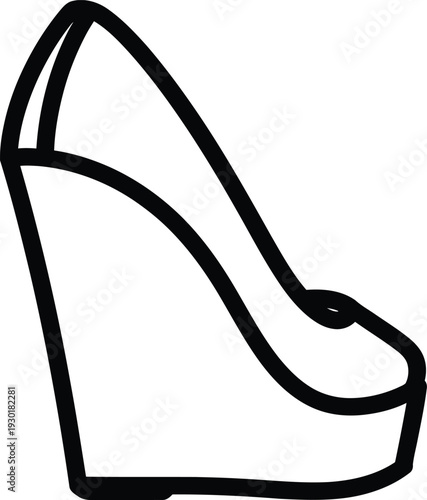 Black and white line drawing of a stylish women's wedge heel shoe isolated on white background.