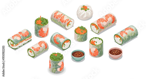 Isometric Vietnamese Spring Rolls Set with Shrimp, Steamed Bun, and Dipping Sauce, Asian Cuisine Food Vector Illustration