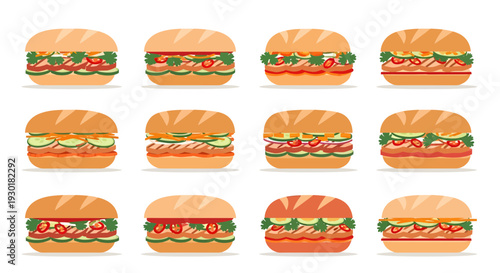 Vietnamese Banh Mi Sandwich Vector Illustration Set with Various Fillings