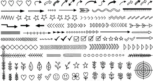 Minimalist Doodle Collection: Assorted Hand-Drawn Elements for Creative Projects Featuring Arrows, Hearts, Stars, and Foliage for Various Applications
