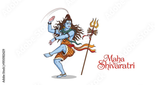 Illustration of Lord Shiva dancing with a trident, celebrating Maha Shivaratri, a significant Hindu festival, in a vibrant and spiritual design.