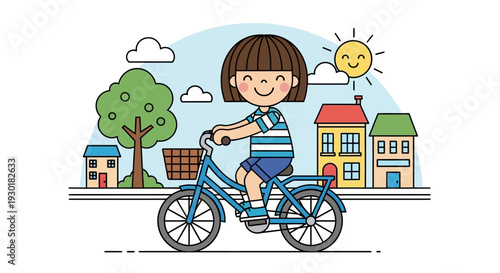 Little girl riding blue bicycle.