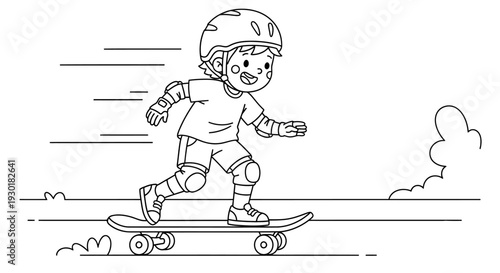 Child Riding Skateboard Wearing Protective Gear.