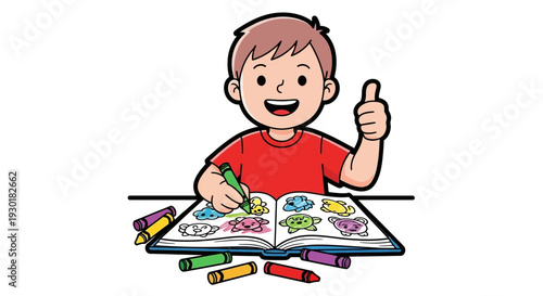Young boy coloring with crayons book.