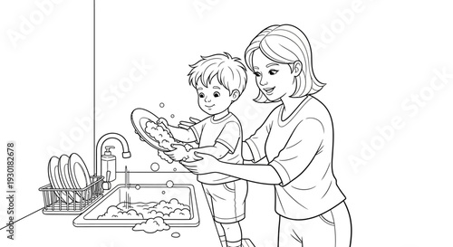 Woman and child washing dishes together.