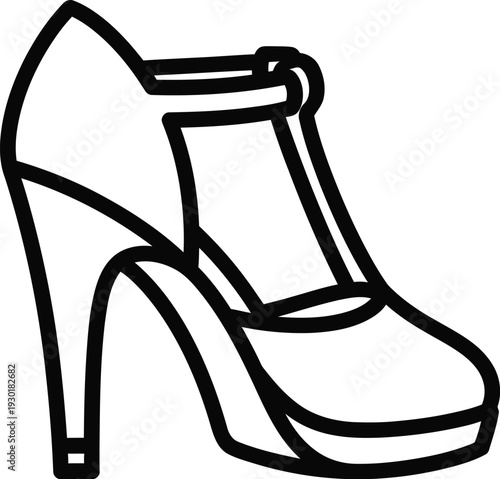Black and white line art illustration of a classic woman's high heeled t-strap shoe.