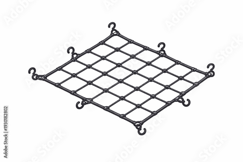Black elastic cargo net with sturdy hooks, designed for securing luggage, equipment, and gear during transport. A versatile solution for vehicles, trucks, and storage organization