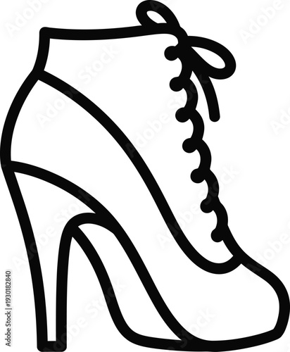 Simple black and white line drawing of a stylish high-heeled lace-up ankle boot for women