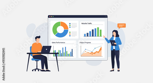 Businesswoman presenting data on screen.