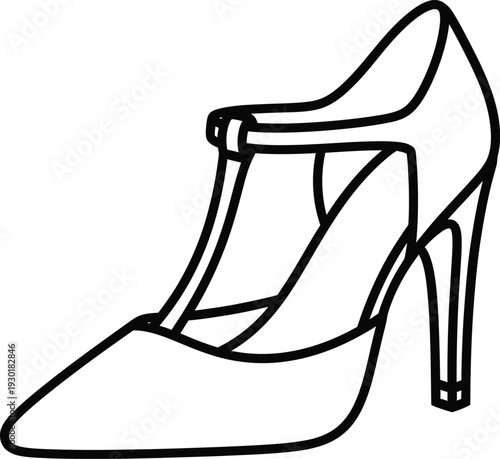 Black and white line drawing of a stylish women's high heel shoe with a t-strap and pointed toe.