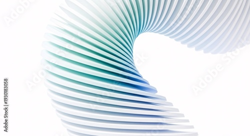 A close-up view of a unique, curved, pleated structure with a gradient of blue and green hues on a white background.