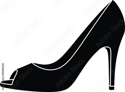 Black silhouette of a classic high-heeled peep toe pump shoe on a white background.