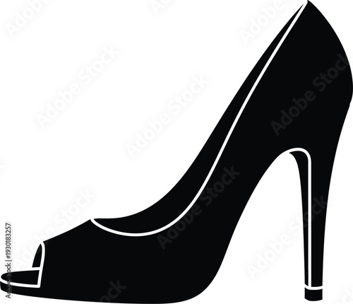 Black silhouette of a classic high heel peep toe stiletto shoe for women on white background