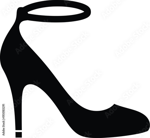 Black silhouette of an elegant woman's high-heeled shoe with an ankle strap on white background