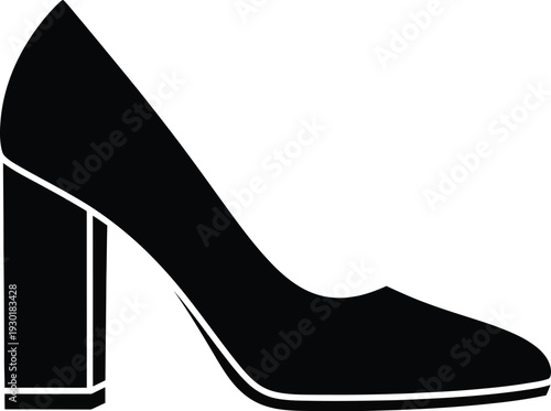 Black silhouette of a classic high-heeled pump shoe with a thick block heel and pointed toe.