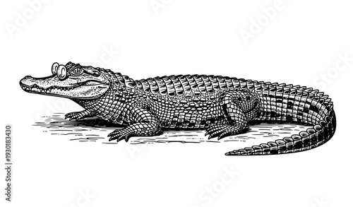 Antique Spectacled Caiman Caiman crocodilus Engraving Vector