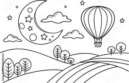 Black and white of hot air balloon flying over hills with crescent moon and stars