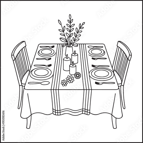 Dining Table Setup Coloring Page for Kids and Adults, Home Interior Coloring Sheet, Plates Cutlery Candle Line Art, Printable Coloring Book Page Vector Illustration