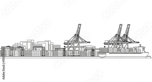 Industrial Port Cranes and Buildings Line Art Illustration.