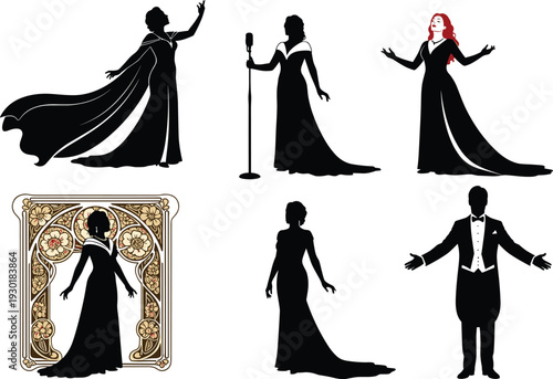 Elegant Opera Singer Silhouettes Collection Featuring Soprano Performers in Gowns Vintage Art Nouveau Style Frame and Male Tuxedo Vocalist Vector