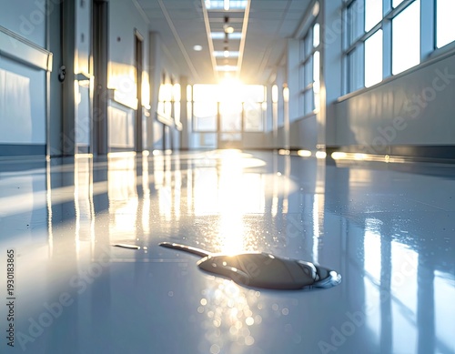 Wallpaper Mural Sunlit Hospital Hallway Floor with Puddle Reflection Torontodigital.ca
