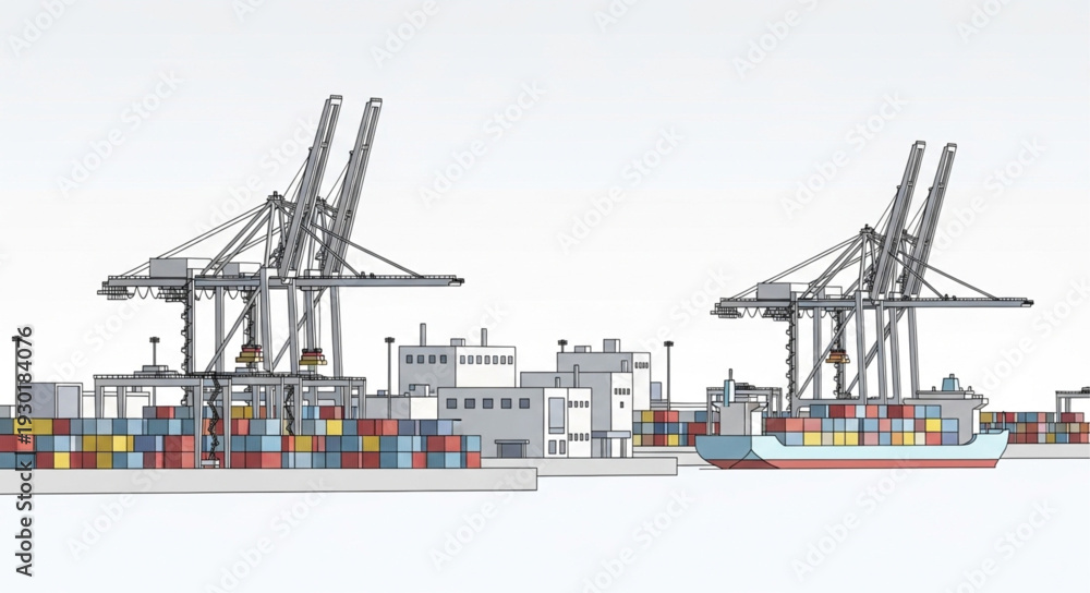 Fototapeta premium Large industrial cranes loading cargo ship with containers at port.