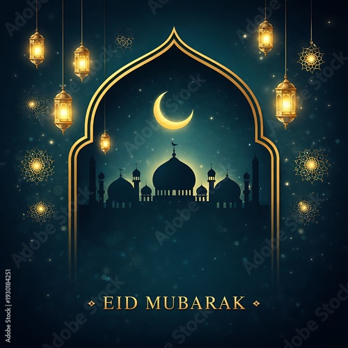 Islamic Festive Background Featuring Crescent Moon, Ornate Mosque Dome Silhouette and Glowing Ramadan Lanterns for Eid Mubarak Celebration Design