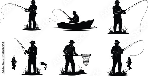 Fishing silhouette collection featuring fisherman with rod in boat catching fish net landing trophy bass outdoor recreation aquatic sport hobby.