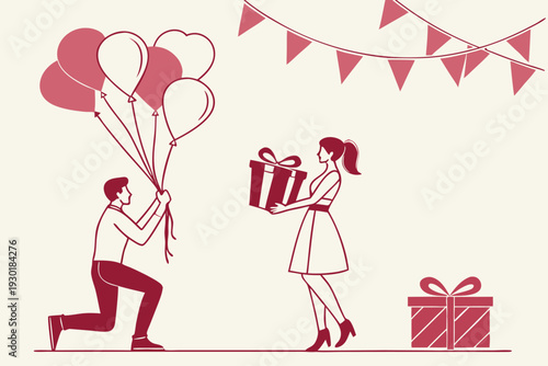 Man kneeling holding balloons woman holding gift box present