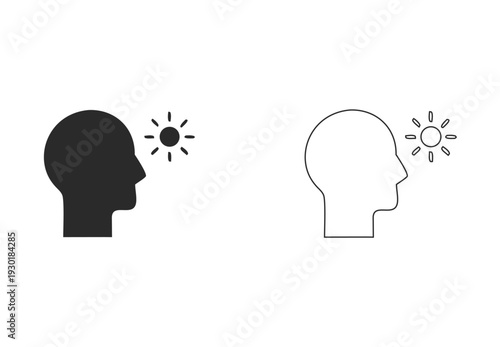 Human Head Silhouette with Sun Icon Set, Mind Awareness and Idea Concept, Solid and Outline Vector Illustration