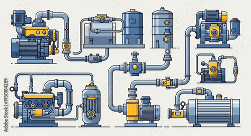 Collection of industrial water pumps and piping systems.