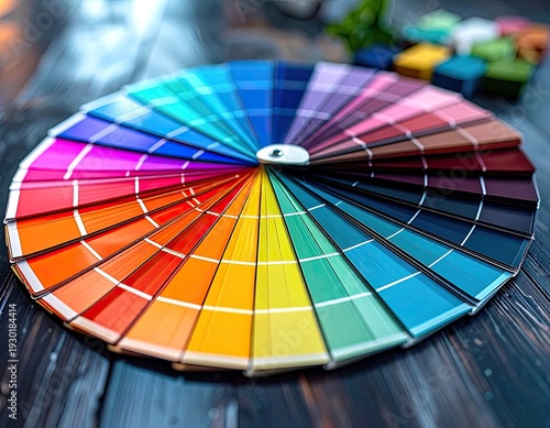 Wallpaper Mural Vibrant color swatch fan spread open on a dark wooden surface. Torontodigital.ca