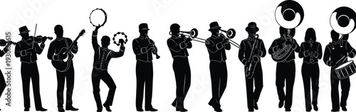 Flavector, Marching, Band, Musicians, Silhouettes, Playing, Instruments, Including, Trumpet, Saxophone, Guitar, Violin, Drums, Trombone, Tuba, And, Tambourine, For, Music, Festivals.