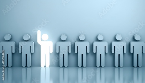 A glowing white figure stands out from a line of gray figures in a blue-toned background