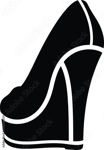 Black and white icon of a stylish women's high-heeled wedge platform shoe for fashion design.