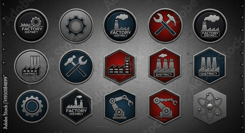 Industrial Factory Icons Collection Set Metal Background.