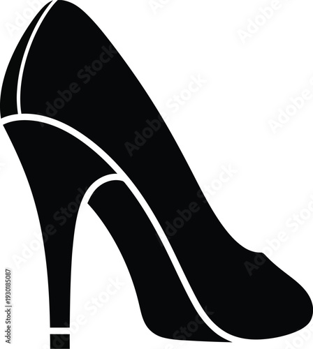 Black silhouette of a classic high-heeled stiletto pump shoe for women isolated on white background.