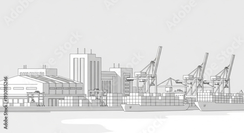 Industrial Port Cranes and Buildings Sketch Drawing.