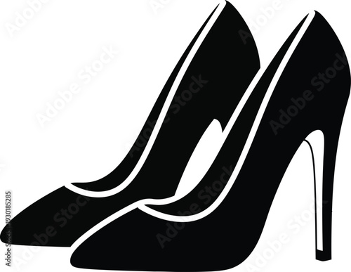 Pair of elegant black high heel stiletto pumps shown in a minimalist vector style