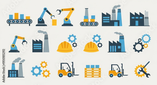 Industrial Icons Set Factory Automation Machinery Manufacturing.