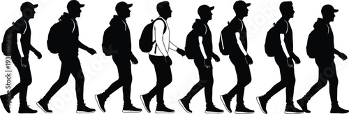 Row of black silhouette men walking with backpacks where one unique person in white stands out from the group concept