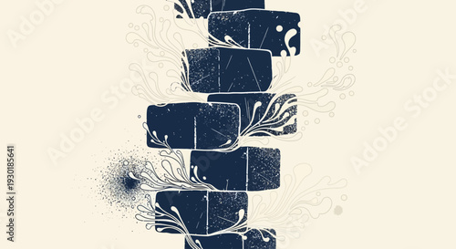 An abstract illustration featuring a vertical stack of dark, textured blocks adorned with intricate, swirling organic patterns and decorative flourishes against a light background.