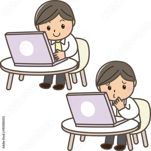 在宅ワークの成功と課題を表す男性イラストセット｜テレワーク対比ビジネス素材