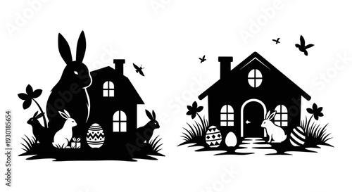 Easter celebration with a bunny and a decorated house filled with springtime charm Vector, illustration